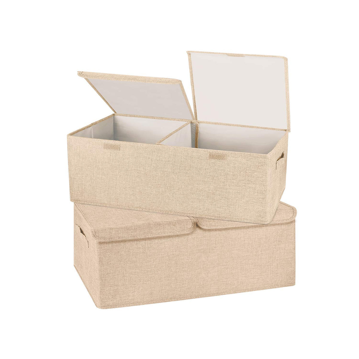 2 Pack Large Storage Boxes with Lids and Handles, Collapsible Linen Storage Bins Organizer Containers Baskets Cube with Removable Divider for Home Bedroom Closet Office (Cream, Small)
