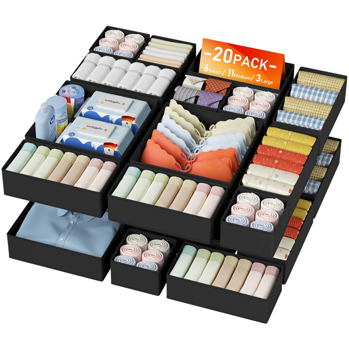 DIMJ Drawer Organizer Clothes - 20 Pack Closet Drawer Organizer Bins for Baby Clothes Storage, Fabric Dresser Organizer for Nursery Bedroom, Foldable Small Drawer Dividers for Underwear Socks