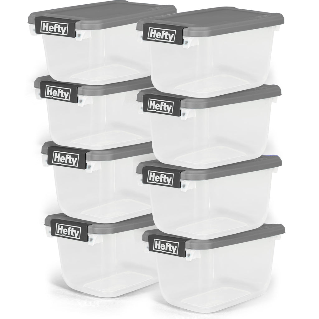 Hefty 63 Qt Hi-Rise Storage Bin with Lid, Stackable Plastic Storage Container, Organizer for Home, Garage & Closet, 4 Pack, Gray