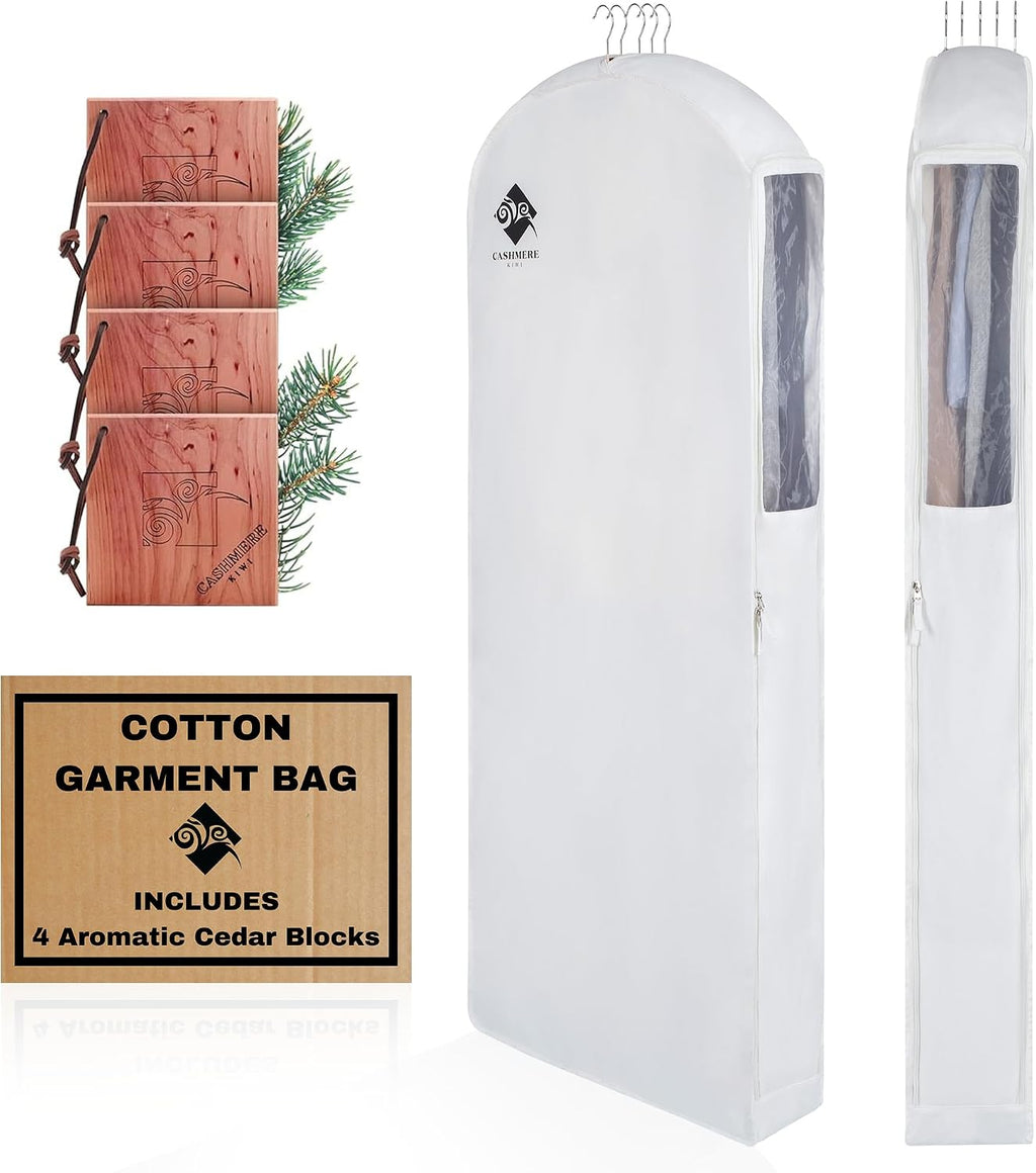 Premium 60” Cotton Garment Bag For Hanging Clothes And Storage | Wide 6” Gusset & 4 Cedar Blocks For Fresh Smell And Clothes Protection | Best For Fur Coats, Long Dresses, Gowns, Tuxedos and more