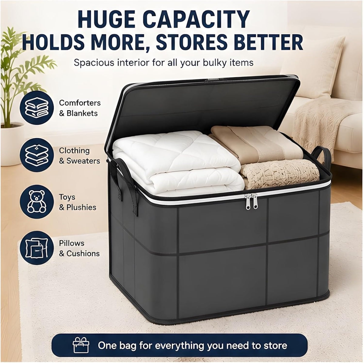 Spacious Moving Storage Bin Zippered Organizer for Quilts Bedding Sweaters Large Capacity Fabric Bag for Closet Moving Day Heavy Duty Extra Large Storage Totes with Handles Jumbo Moving Bag (1, 110L)