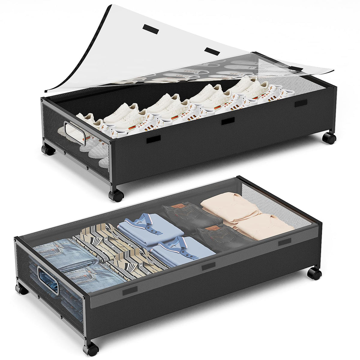 KITHELP Wooden Under Bed Storage with Wheels, Rolling Under the Bed Storage Bins with Removable Lid, Metal Under Bed Drawers for Clothes and Shoes in Bedroom or Living Room (White-2pack)