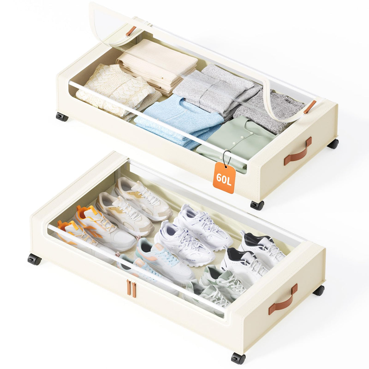 Yecaye 70L Large Under Bed Storage Containers with Wheels, 2Pack, Hemp Grey