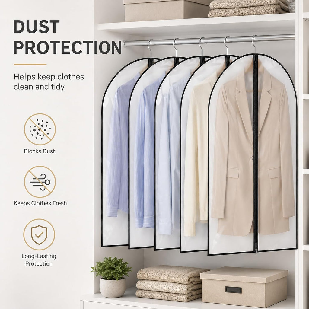 Garment Bags for Hanging Clothes 5 Pack, Clear Suit Bags Black Border