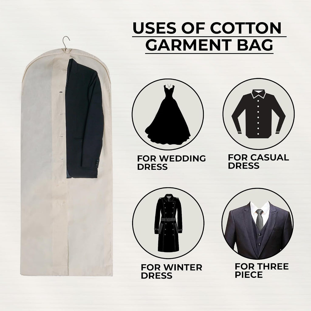 Beige Cotton Garment Protector Bag Cover - Dust Free Cloth Hanging, Wardrobe storage for Dresses and Suits (Button (24" x 62"))