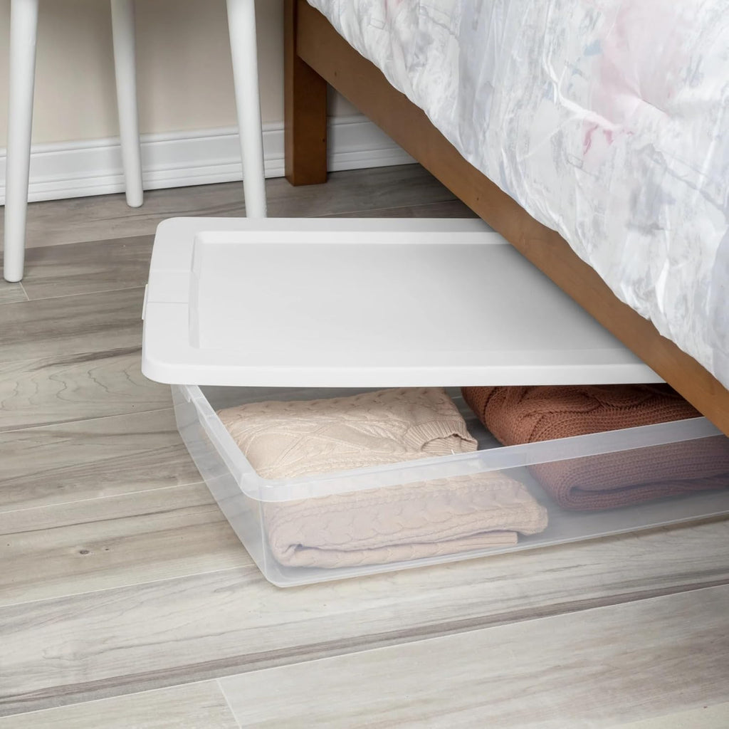 41-quart storage box, clear plastic storage container with snap-on lid, white.