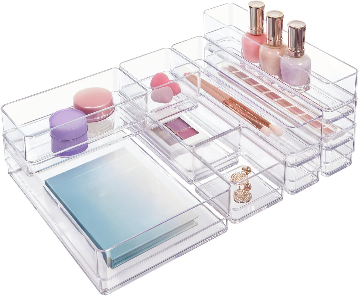 STORi SimpleSort 10-Piece Stackable Clear Drawer Organizer Set | Multi-size Trays | Makeup Vanity Storage Bins and Office Desk Drawer Dividers | Made in USA