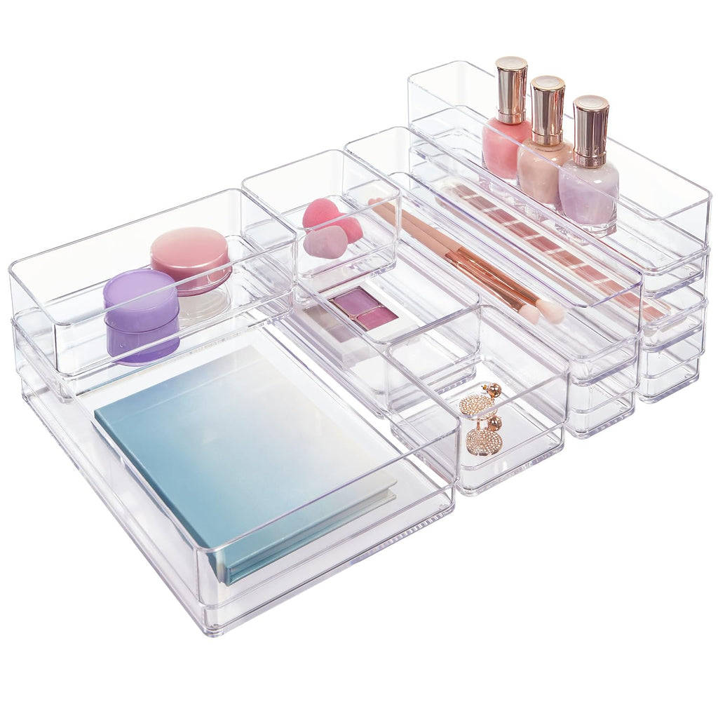 STORi SimpleSort 10-Piece Stackable Clear Drawer Organizer Set | Multi-size Trays | Makeup Vanity Storage Bins and Office Desk Drawer Dividers | Made in USA