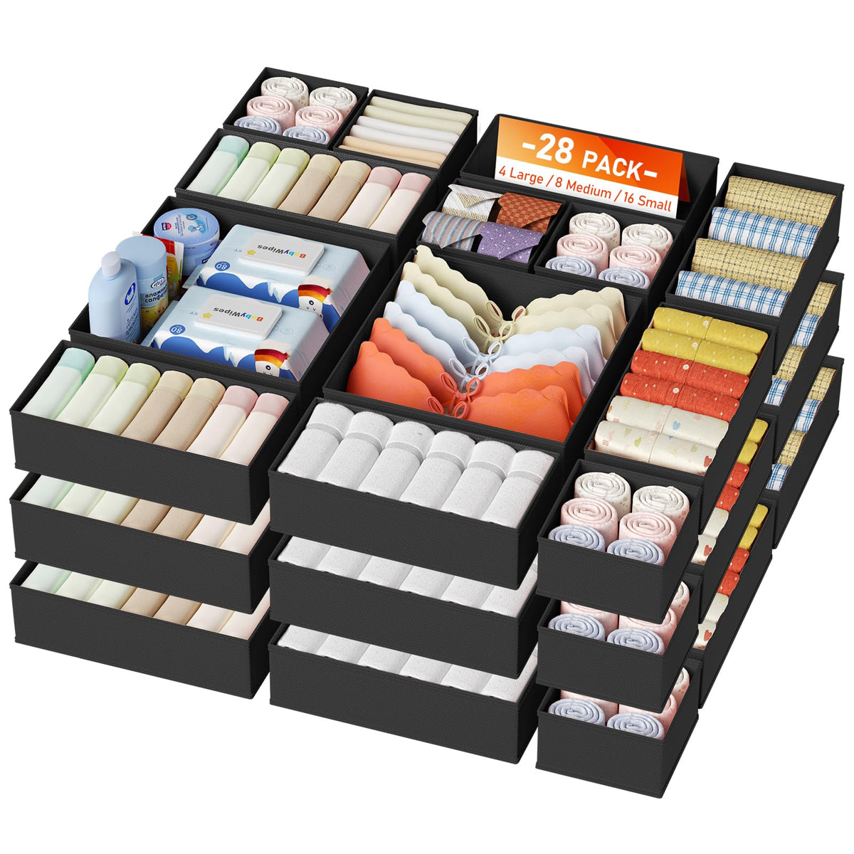 DIMJ Drawer Organizer Clothes, 12 Pack Dresser Organizer for Nursery, Baby Clothes, Underwears, Sock, Fabric Dresser Bins, Drawer Dividers, Foldable Closet Organizers and Storage(Beige)