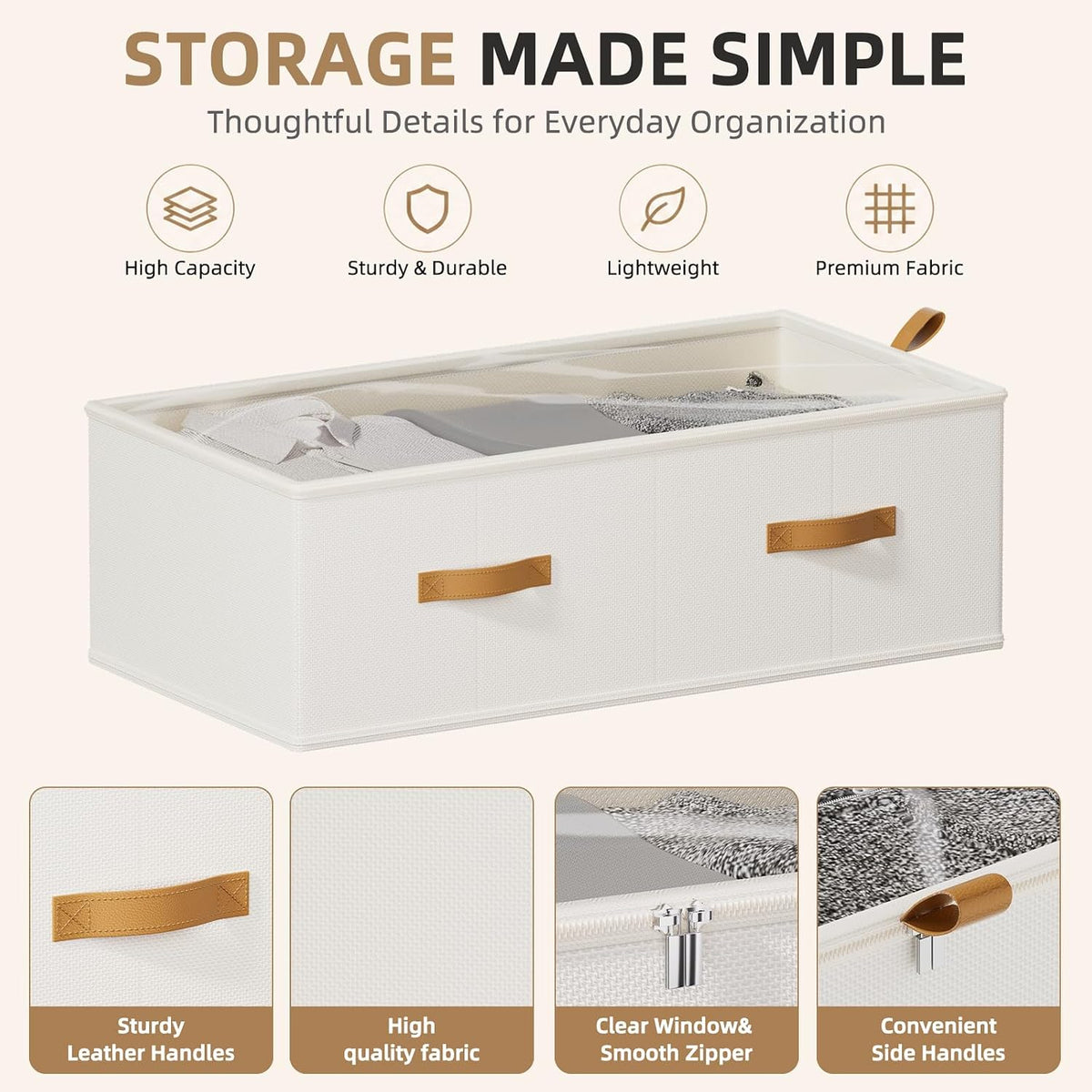 FHSQX Under Bed Storage Bins, White, 31.5x15.8x10 inch, 4 Pack