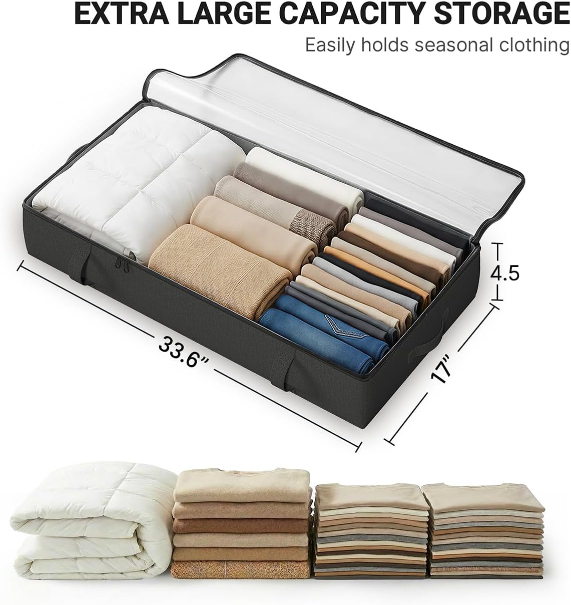 2-Pack Under Bed Storage Containers, 4.5 Inches Tall Clothes Storage, Black