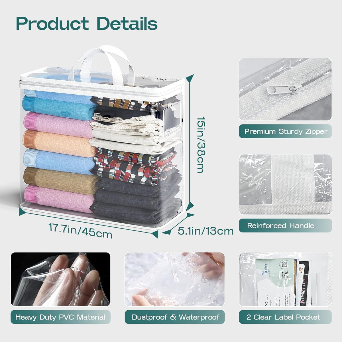 10PACK Clear Zippered Storage Bags for Clothes, 22L Plastic Clothes and Under-Bed Storage Organizers, Blanket Storage Bags for Bedding, Linen, Blankets, Comforters, Clothing & Toys (White)