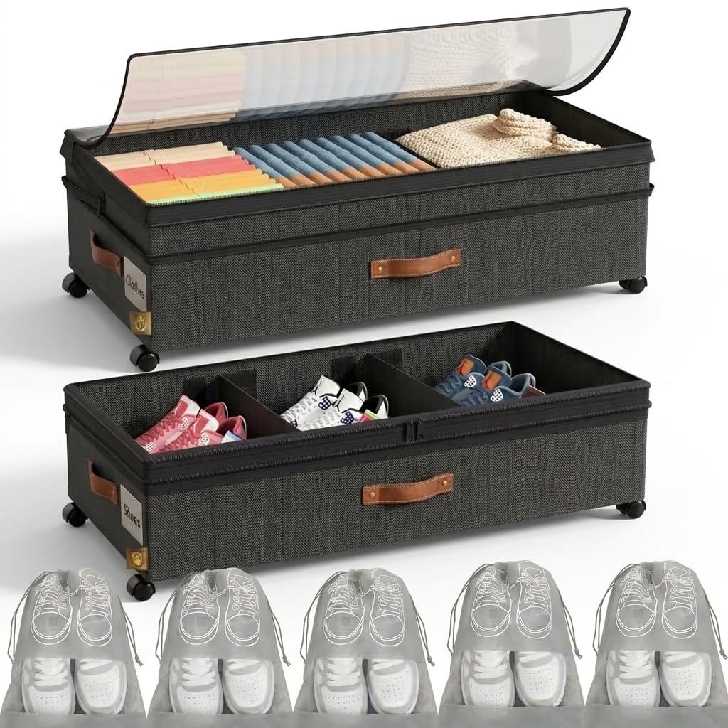 90L XXL Under Bed Storage Bins with Wheels, 1-Pack, Clear Lids, Black