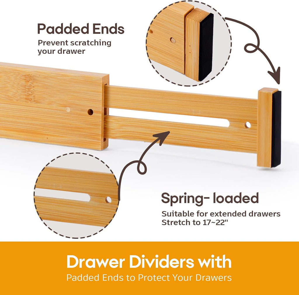 Bamboo Drawer Dividers Organizers, Kitchen Drawer Dividers for Clothes, Adjustable Drawer Separators for Dresser, Bedroom, Bathroom, Office, 4 Pack, 17“-22”