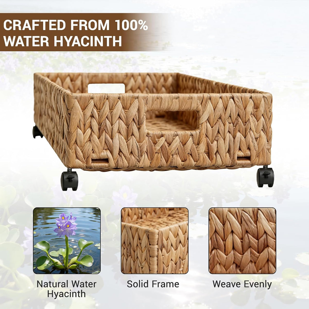 Under Bed Storage with Wheels, 31.5in / 37L Large Handwoven Water Hyacinth Under Bed Shoe Storage Organizer Drawer, Tool-free Assembly Rolling Storage Containers