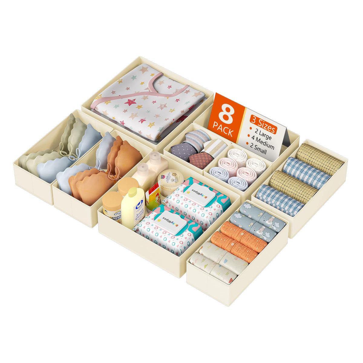 DIMJ Drawer Organizer Clothes, 12 Pack Dresser Organizer for Nursery, Baby Clothes, Underwears, Sock, Fabric Dresser Bins, Drawer Dividers, Foldable Closet Organizers and Storage(Beige)