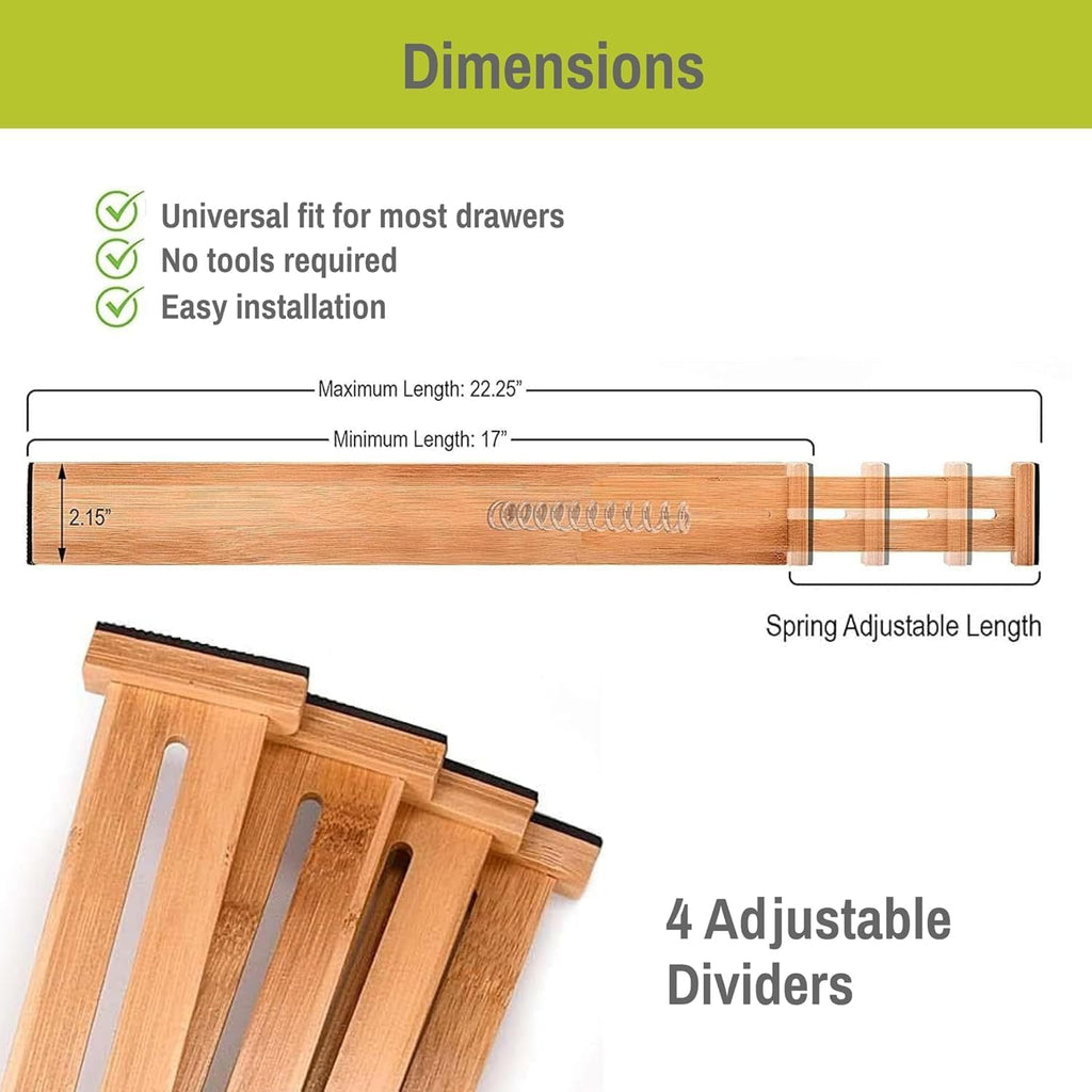Purawood Bamboo Drawer Dividers, Adjustable Spring-Loaded, Expandable Kitchen Organizer, Set of 4, Water-Resistant Finish for Kitchen, Dresser, Bedroom and Bathroom - Natural