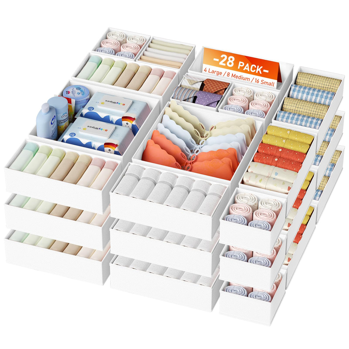 DIMJ Drawer Organizer Clothes, 12 Pack Dresser Organizer for Nursery, Baby Clothes, Underwears, Sock, Fabric Dresser Bins, Drawer Dividers, Foldable Closet Organizers and Storage(Beige)