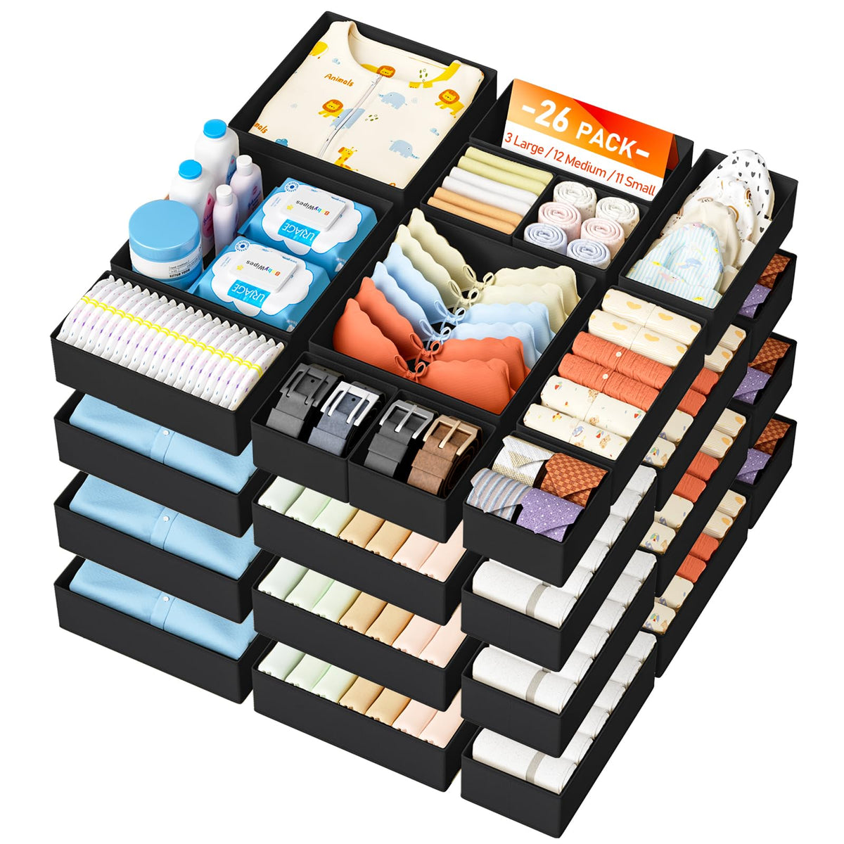 DIMJ Drawer Organizer Clothes - 20 Pack Closet Drawer Organizer Bins for Baby Clothes Storage, Fabric Dresser Organizer for Nursery Bedroom, Foldable Small Drawer Dividers for Underwear Socks