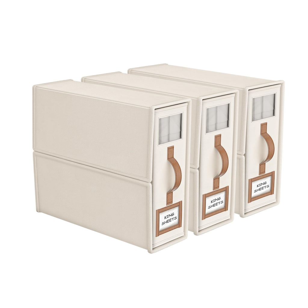 4 Pack Foldable Bed Sheets Set Organizers and Storage(King & Queen Size),Linen Fabric Closet Organizers with Window,Folding Bedding Storage Box for Bedsheets and Pillow Cube Organizer-Beige