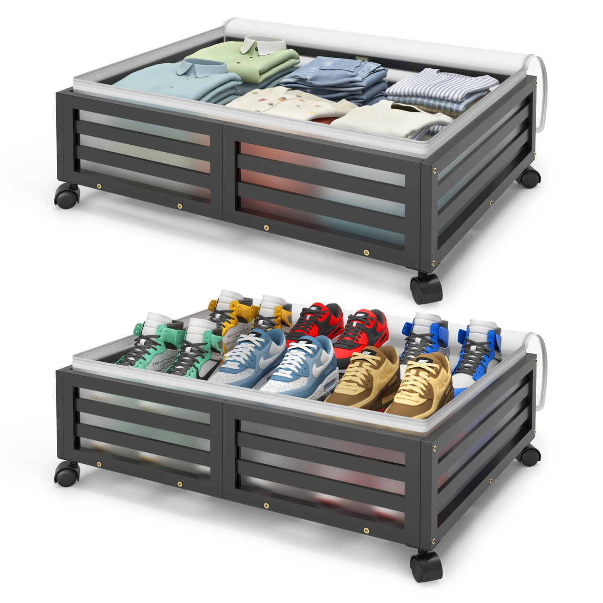 Under Bed Storage with Wheels-Large Bamboo Underbed storage Containers with Large Dust Bag Stackable Under the Bed Shoe Storage Bins for Clothes Books Bedding (2 Packs White, 23.62"L×16.54"W× 6.51"H)