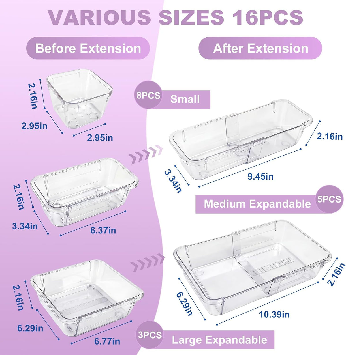 16 Pcs Drawer Organizer Set, Expandable Clear Plastic Drawer Storage Bins, Adjustable Drawer Divider Organizers, Durable Drawer Storage Extendable Trays for Gadgets, Makeup, Kitchen, Bathroom, Office