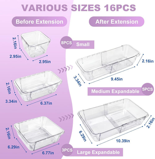 16 Pcs Drawer Organizer Set, Expandable Clear Plastic Drawer Storage Bins, Adjustable Drawer Divider Organizers, Durable Drawer Storage Extendable Trays for Gadgets, Makeup, Kitchen, Bathroom, Office