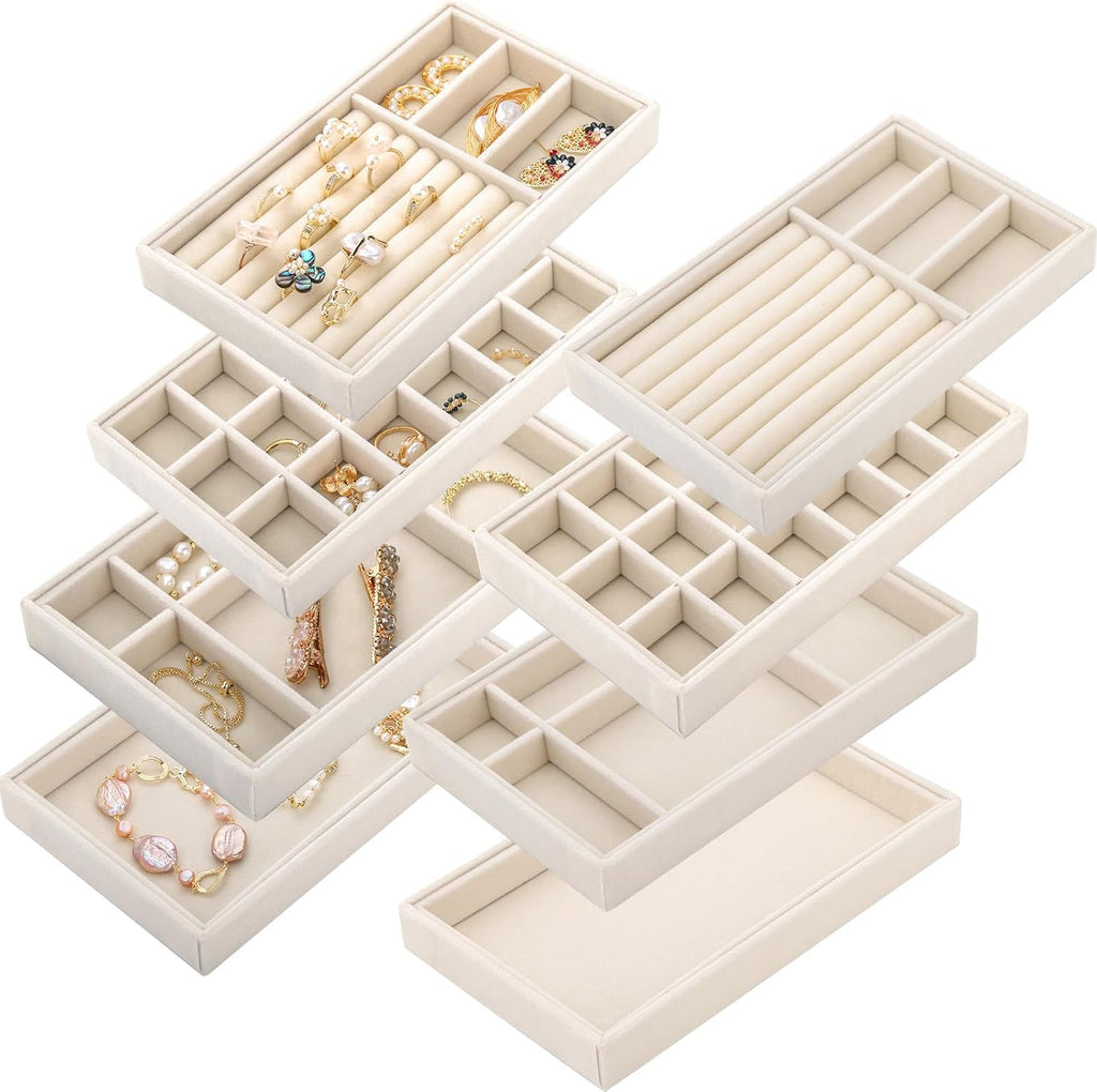 Elsjoy 8 Pack Velvet Jewelry Trays, Stackable Jewelry Organizer Trays for Drawers, Beige Jewelry Storage and Display Tray Inserts for Necklaces, Rings, Earrings