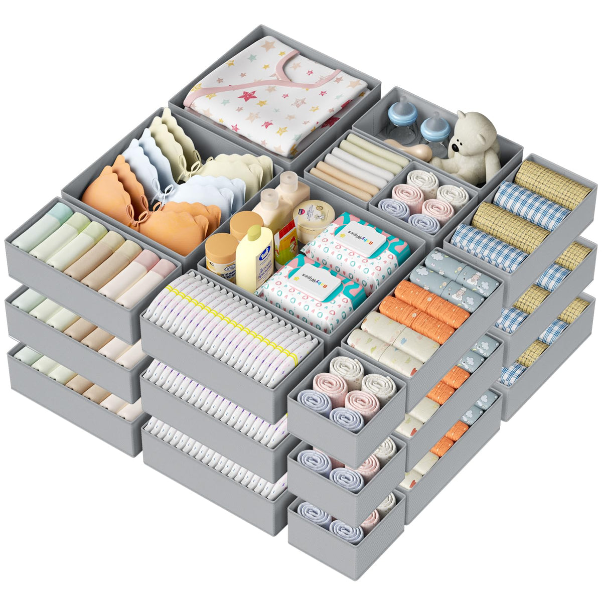 DIMJ Drawer Organizer Clothes - 20 Pack Closet Drawer Organizer Bins for Baby Clothes Storage, Fabric Dresser Organizer for Nursery Bedroom, Foldable Small Drawer Dividers for Underwear Socks