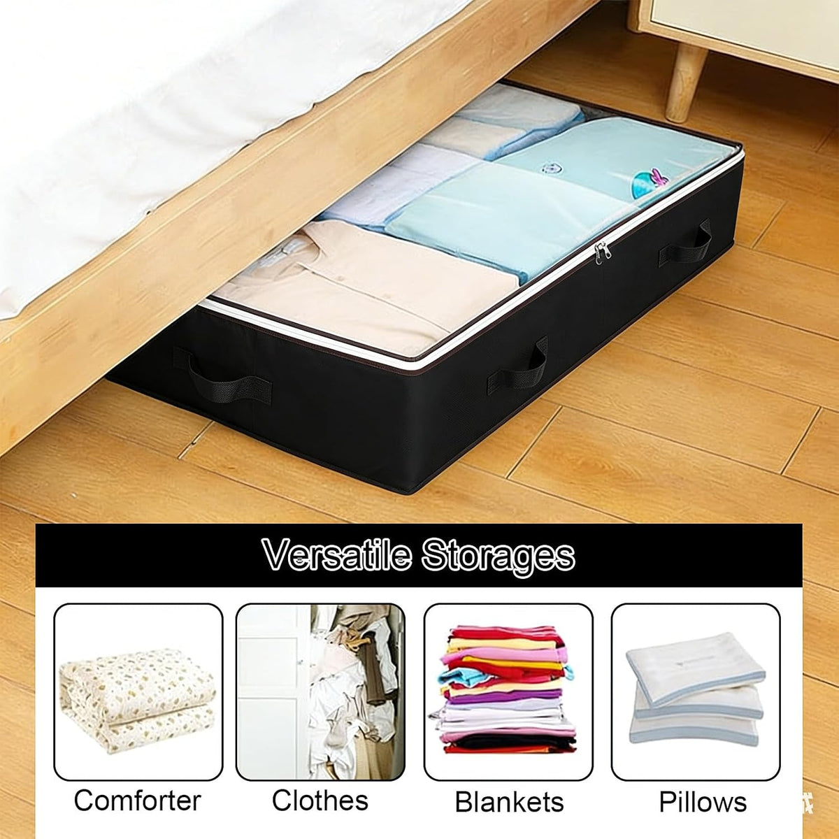 Under Bed Storage Box with Zipper Closure and Handles Low Profile for Bedroom, Living Room, Closet, Dorm & Storage Room, Black