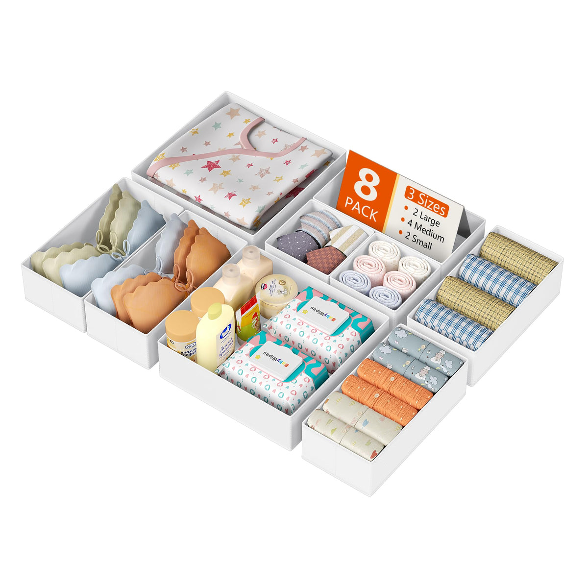 DIMJ Drawer Organizer Clothes, 12 Pack Dresser Organizer for Nursery, Baby Clothes, Underwears, Sock, Fabric Dresser Bins, Drawer Dividers, Foldable Closet Organizers and Storage(Beige)