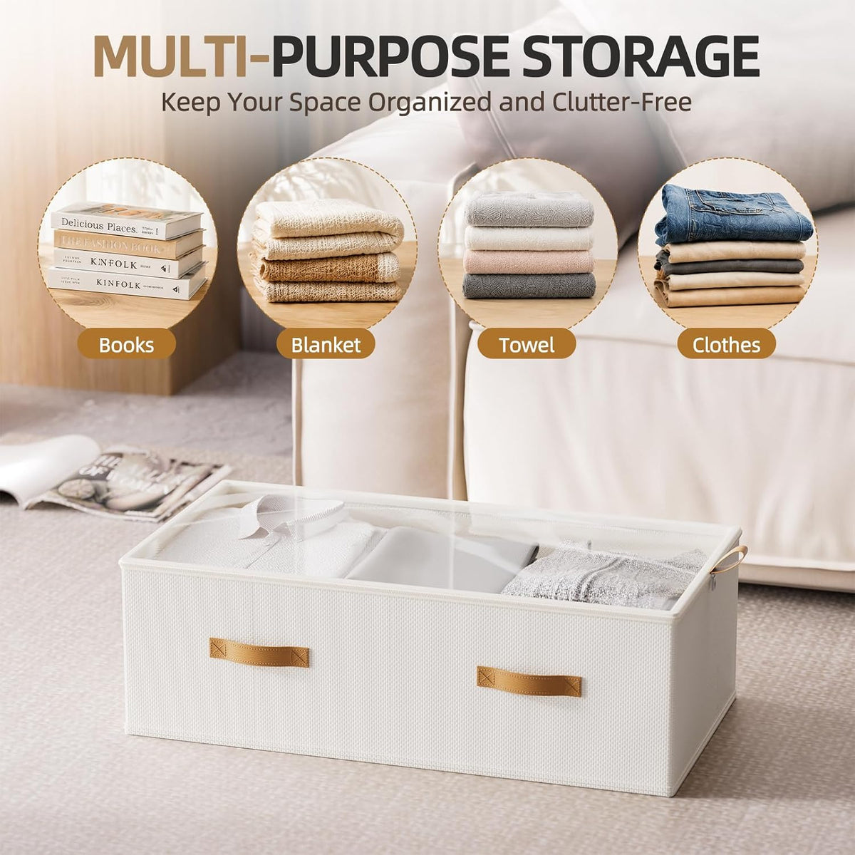 FHSQX Under Bed Storage Bins, White, 31.5x15.8x10 inch, 4 Pack