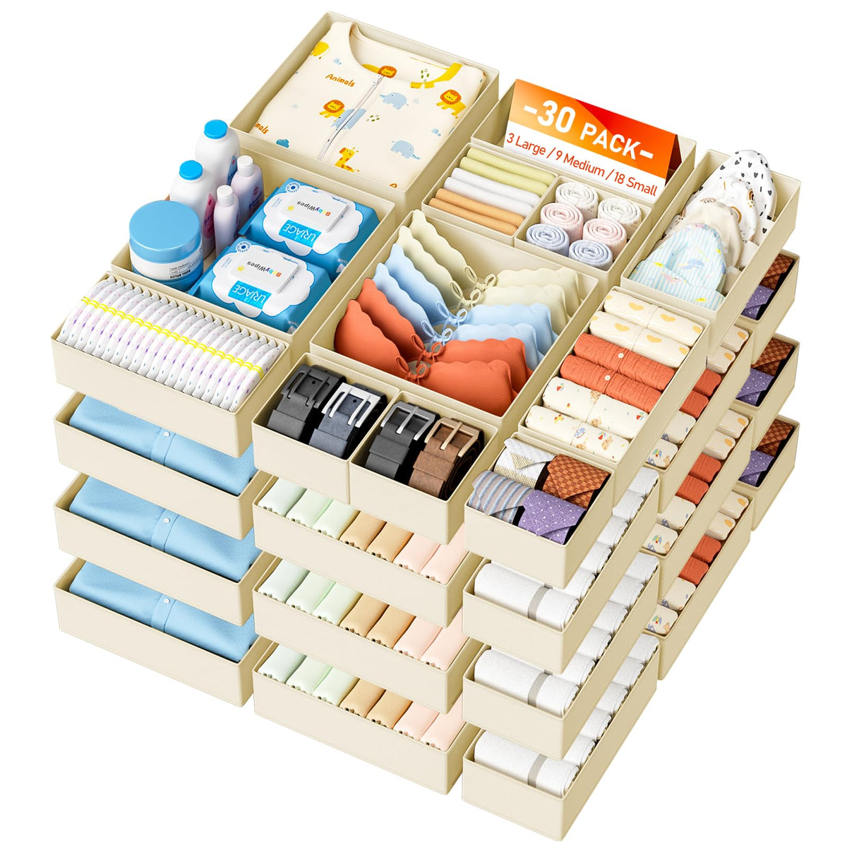 DIMJ Drawer Organizer Clothes - 20 Pack Closet Drawer Organizer Bins for Baby Clothes Storage, Fabric Dresser Organizer for Nursery Bedroom, Foldable Small Drawer Dividers for Underwear Socks