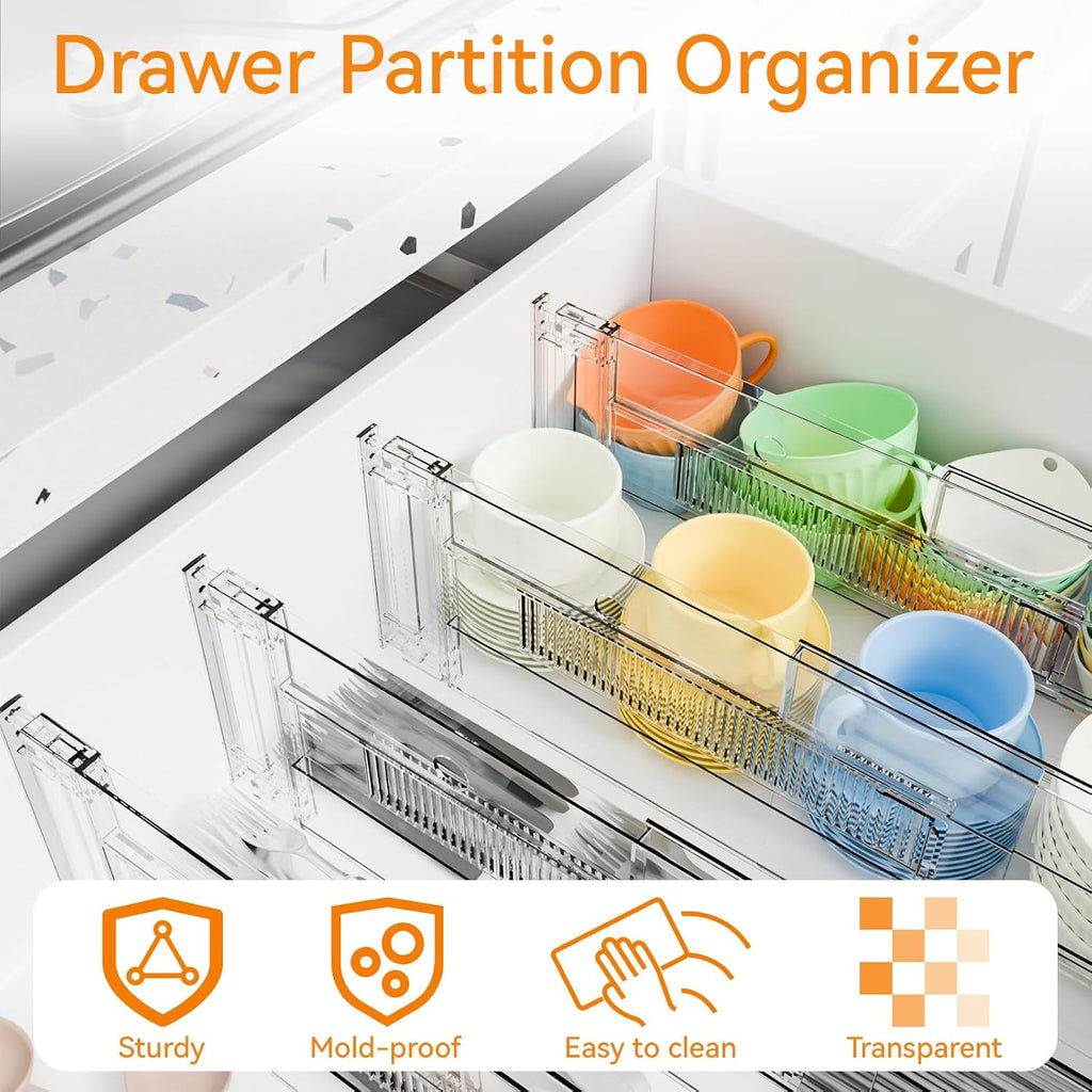 Yieach 4 Pack Clear Acrylic Drawer Divider 6 Inch High,Expandable from 14-20'',Adjustable Dresser Drawer Dividers for Baby Clothing,Underwear and Sock,Separators,Deep Drawer Separators for Kitchen