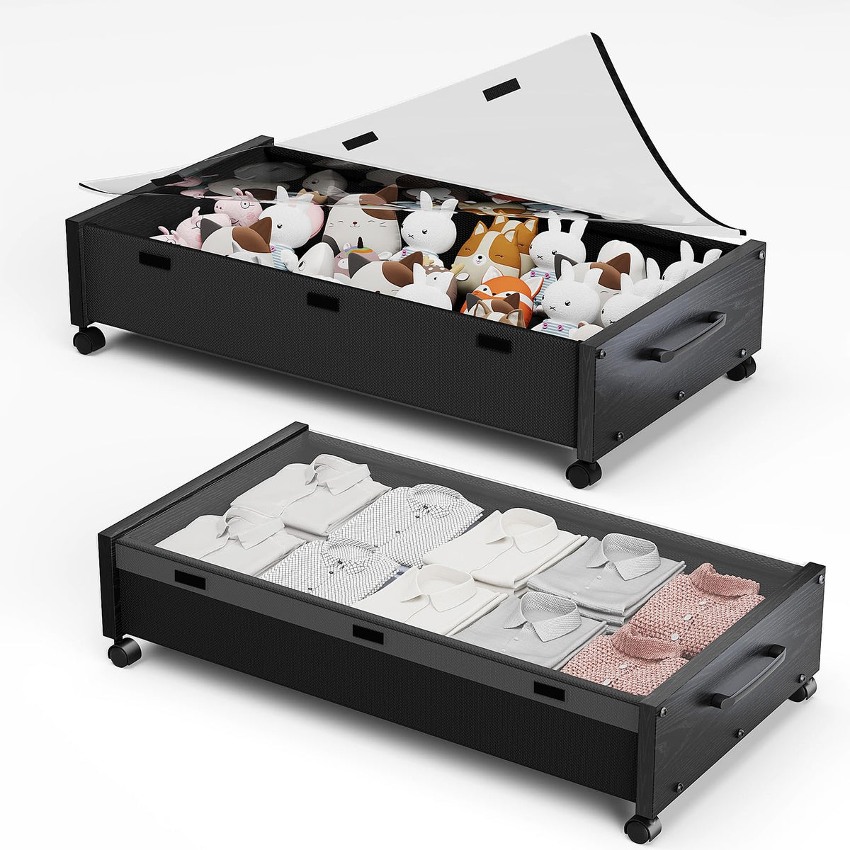 KITHELP Wooden Under Bed Storage with Wheels, Rolling Under the Bed Storage Bins with Removable Lid, Metal Under Bed Drawers for Clothes and Shoes in Bedroom or Living Room (White-2pack)
