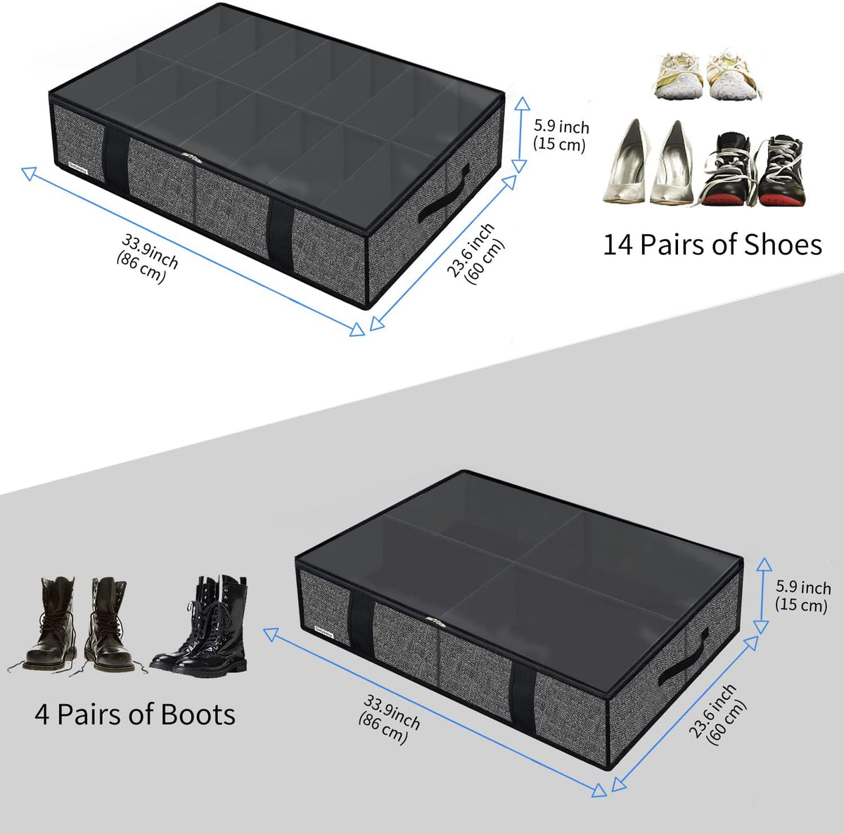 Onlyeasy 2 Pack Under Bed Shoes Storage Bag Organizer (14+4 Pairs), Collapsible Shoe Boot Container with Handles, Underbed Storage Solution for Kids & Adults, 86x60x15cm, Linen-like Black, MXAUBS14S4
