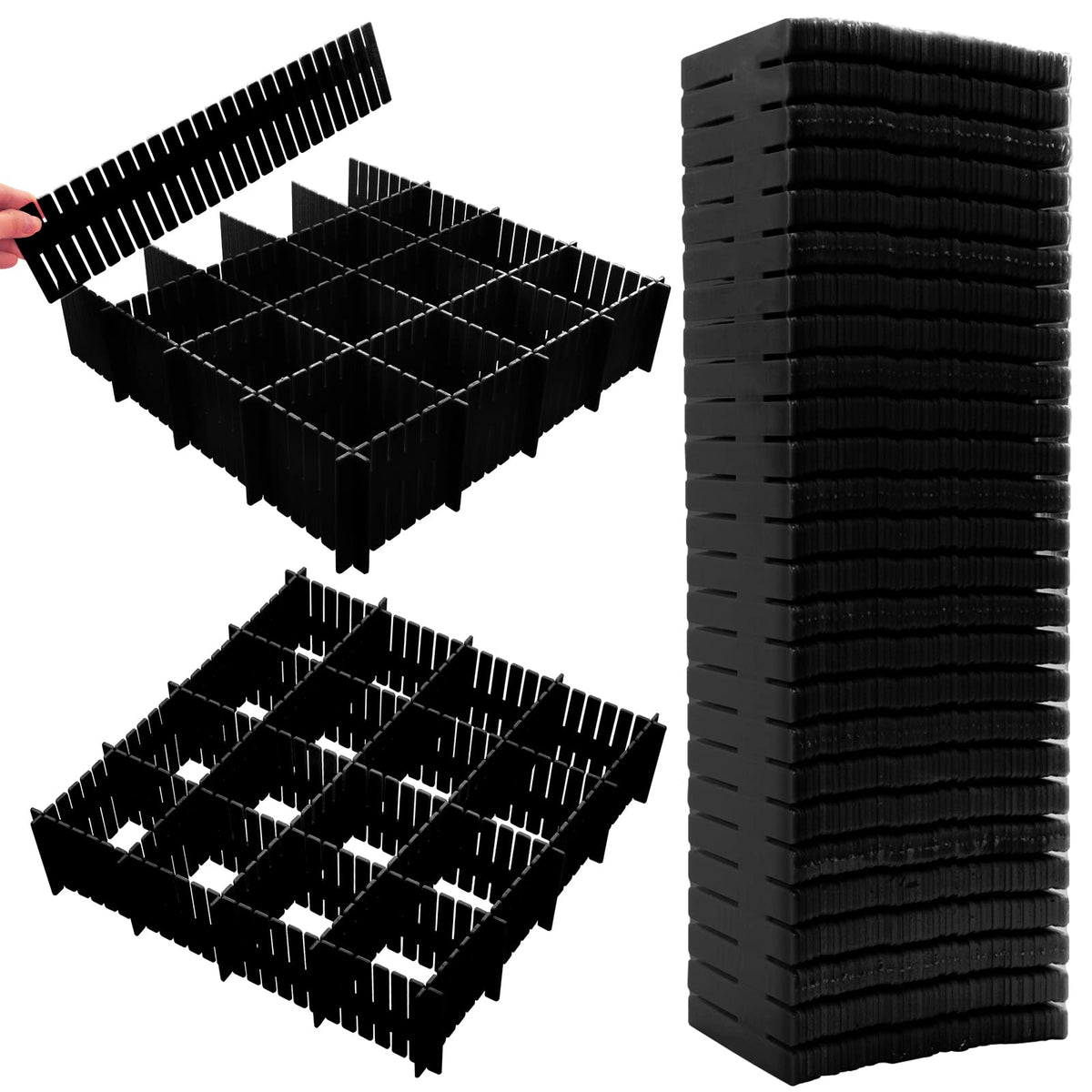 45 Pack Drawer Dividers, Plastic Adjustable Drawer Storage Organizer for Tidying Clutter Socks, Underwear, Makeup, Kitchen, Dresser Black