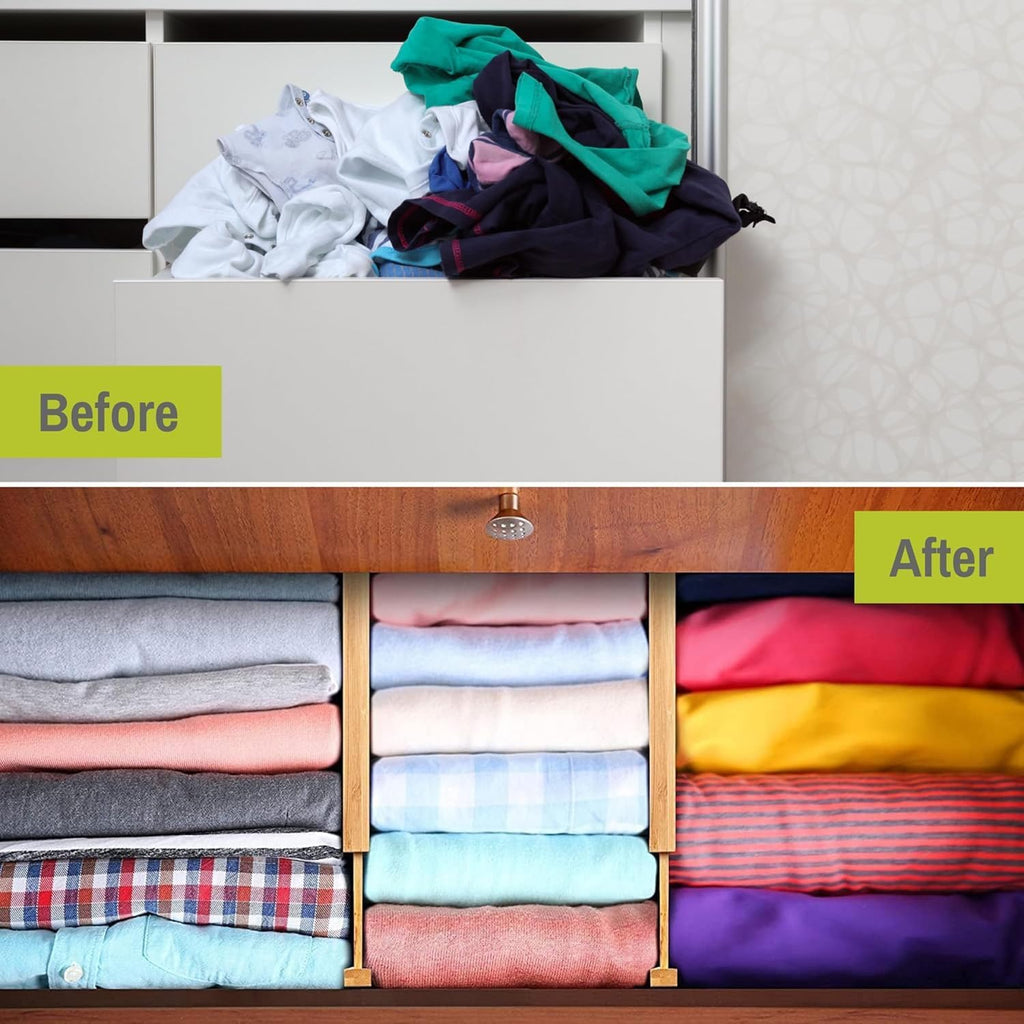 Purawood Bamboo Drawer Dividers, Adjustable Spring-Loaded, Expandable Kitchen Organizer, Set of 4, Water-Resistant Finish for Kitchen, Dresser, Bedroom and Bathroom - Natural