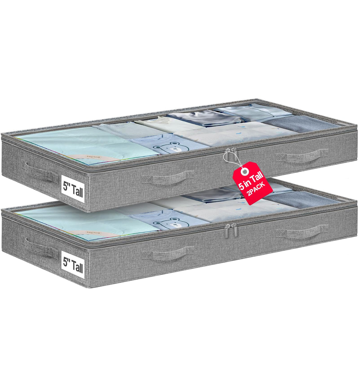 punemi 3 inch High Soft Low Profile Under Bed Storage Bins, 2 Pack, Grey