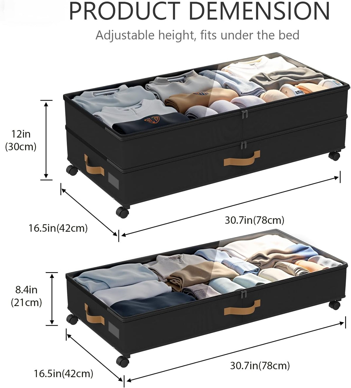 Under Bed Storage with Wheels 2-Pack, 75L XXL Under the Bed Storage Containers Large, 12" Tall Adjustable Storage for Underbed with Lids, Rolling for Clothes, Shoes, Blankets (Black)