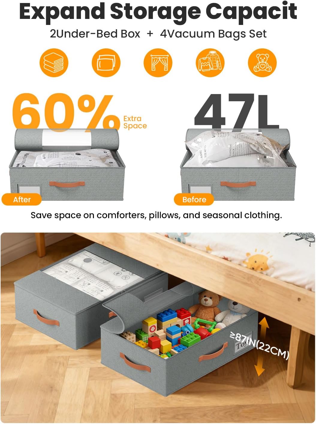 TOSKING 2-Pack Under Bed Storage Bins with Wheels, Gray