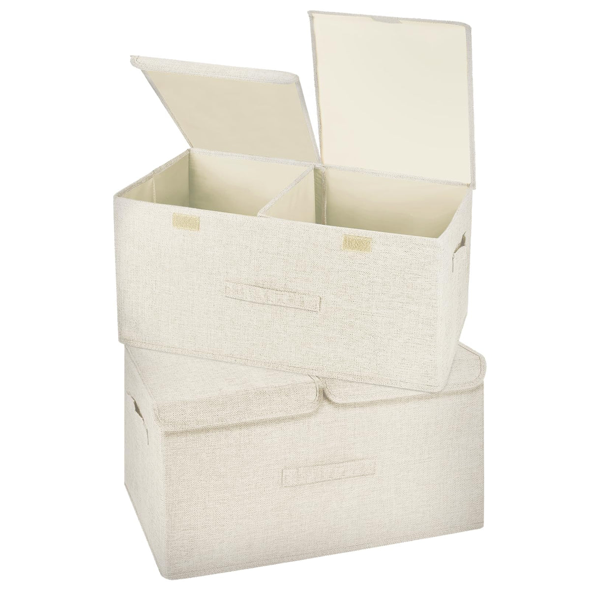 2 Pack Large Storage Boxes with Lids and Handles, Collapsible Linen Storage Bins Organizer Containers Baskets Cube with Removable Divider for Home Bedroom Closet Office (Cream, Small)
