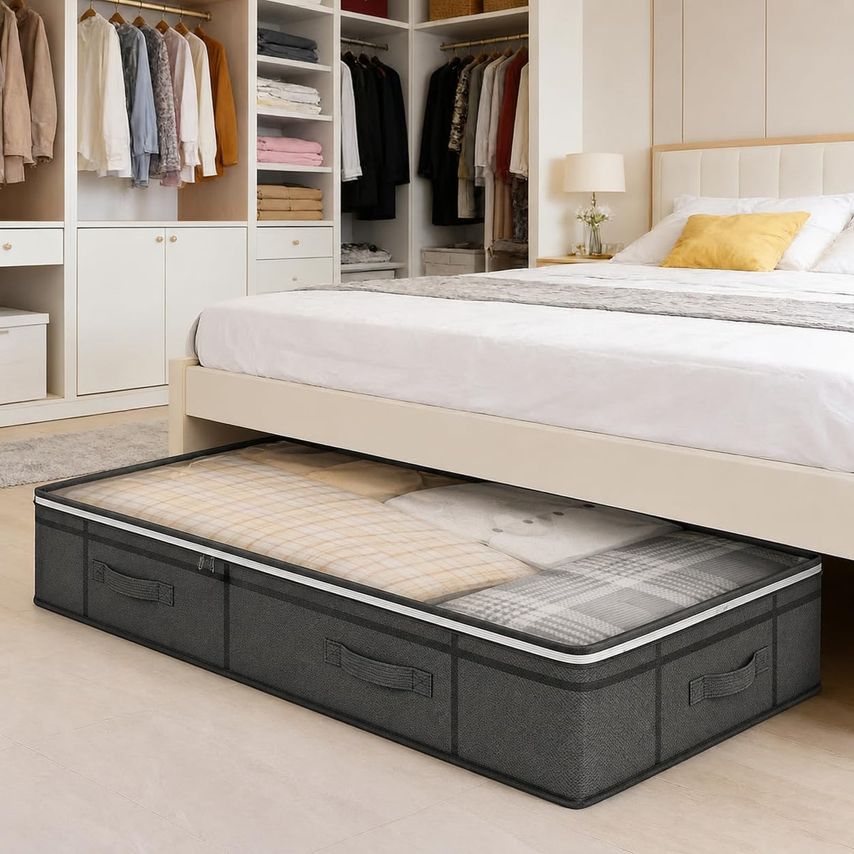 Under Bed Storage Box with Zipper Closure and Handles Low Profile for Bedroom, Living Room, Closet, Dorm & Storage Room, Black