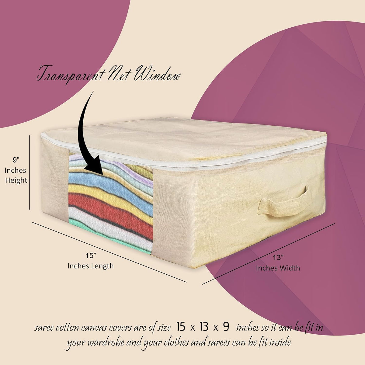 3 Pack Cotton Canvas Clothes Storage Bags/Saree Covers with Zip for Storage Specially Design for Woman Dresses, Sarees, Lehengas for Wardrobe Organizer (3)