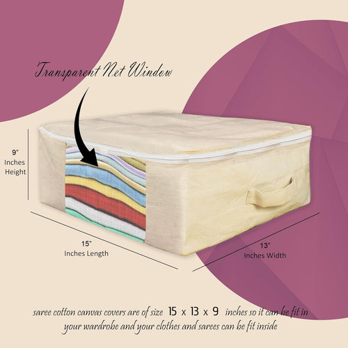 3 Pack Cotton Canvas Clothes Storage Bags/Saree Covers with Zip for Storage Specially Design for Woman Dresses, Sarees, Lehengas for Wardrobe Organizer (3)
