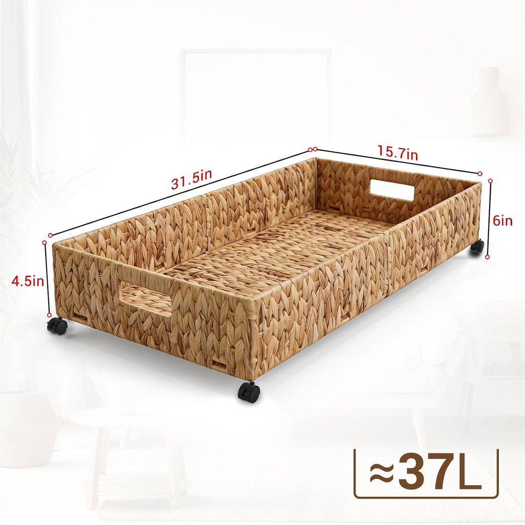 Under Bed Storage with Wheels, 31.5in / 37L Large Handwoven Water Hyacinth Under Bed Shoe Storage Organizer Drawer, Tool-free Assembly Rolling Storage Containers