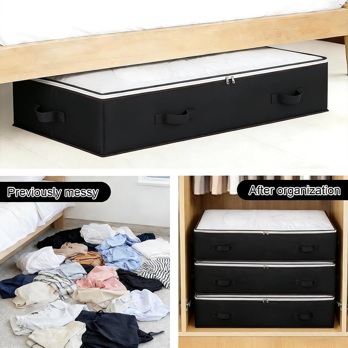 Under Bed Storage Box with Zipper Closure and Handles Low Profile for Bedroom, Living Room, Closet, Dorm & Storage Room, Black