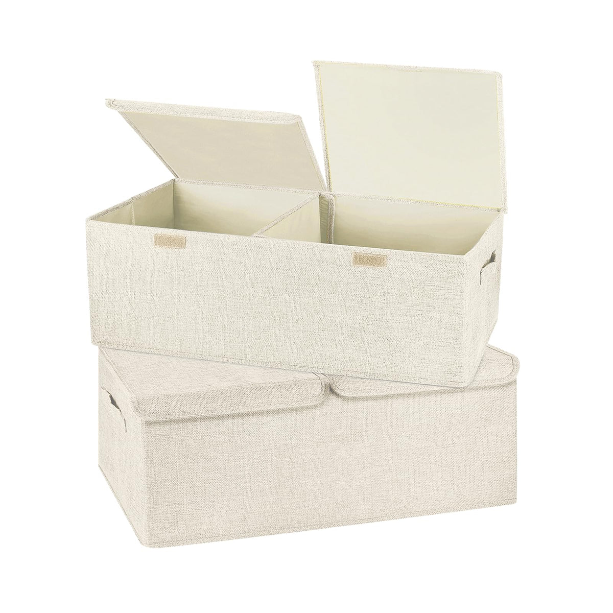 2 Pack Large Storage Boxes with Lids and Handles, Collapsible Linen Storage Bins Organizer Containers Baskets Cube with Removable Divider for Home Bedroom Closet Office (Cream, Small)