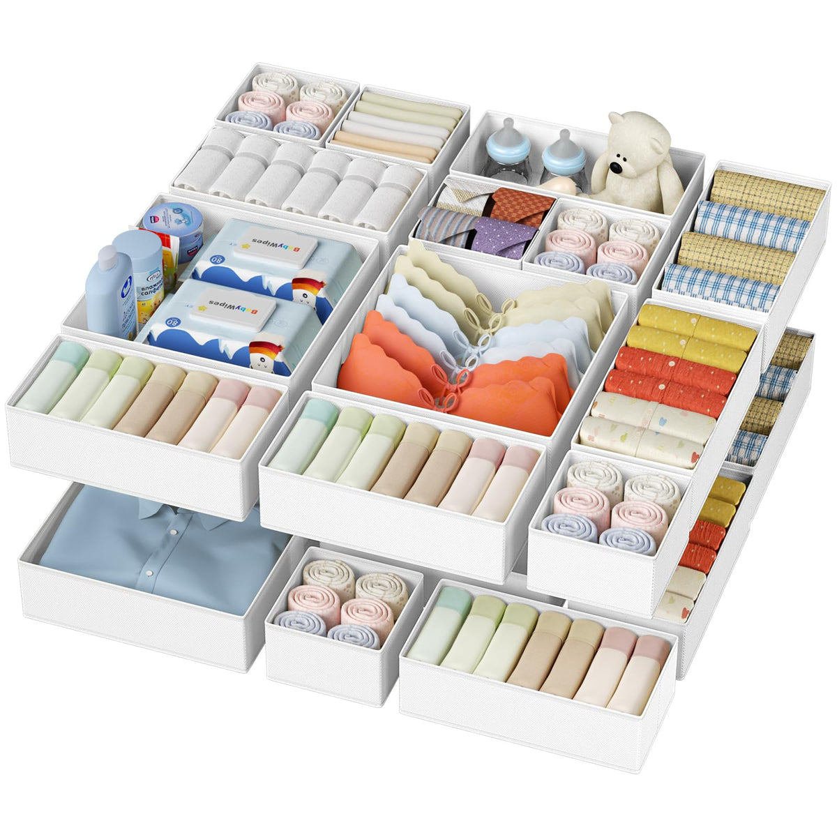 DIMJ Drawer Organizer Clothes, 12 Pack Dresser Organizer for Nursery, Baby Clothes, Underwears, Sock, Fabric Dresser Bins, Drawer Dividers, Foldable Closet Organizers and Storage(Beige)