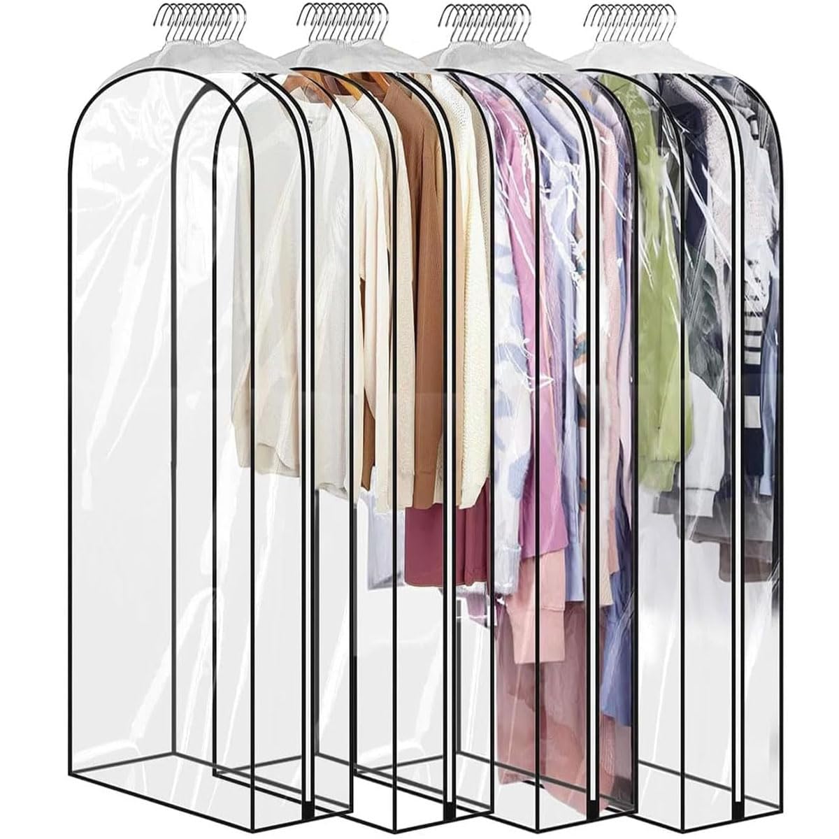 60" Clear Clothes Hangers with Smooth Side Zipper, 10" Gusseted Waterproof Garment Bags for Shirts, Coats, Dresses, Suits, 4 Pack